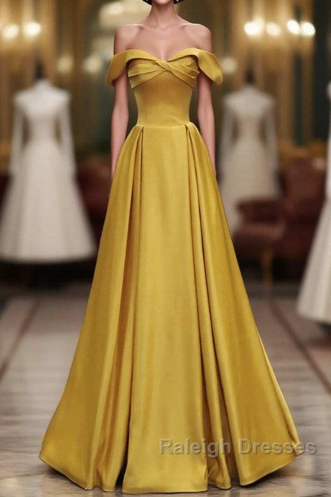 Yellow A-Line Simple Satin Off Shoulder Prom Dress, Yellow Satin Formal Dress