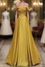 Yellow A-Line Simple Satin Off Shoulder Prom Dress, Yellow Satin Formal Dress