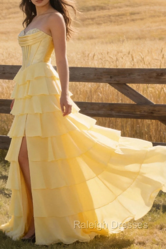 Yellow A Line Strapless Basque Waist Long Prom Dress with Tiered Ruffled Slit Skirt Secondary image