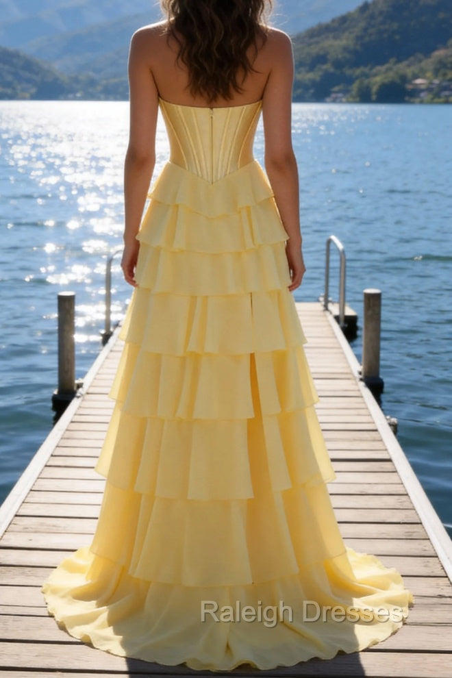 Yellow A Line Strapless Basque Waist Long Prom Dress with Tiered Ruffled Slit Skirt