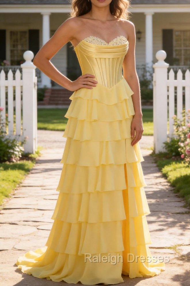 Yellow A Line Strapless Basque Waist Long Prom Dress with Tiered Ruffled Slit Skirt Main image