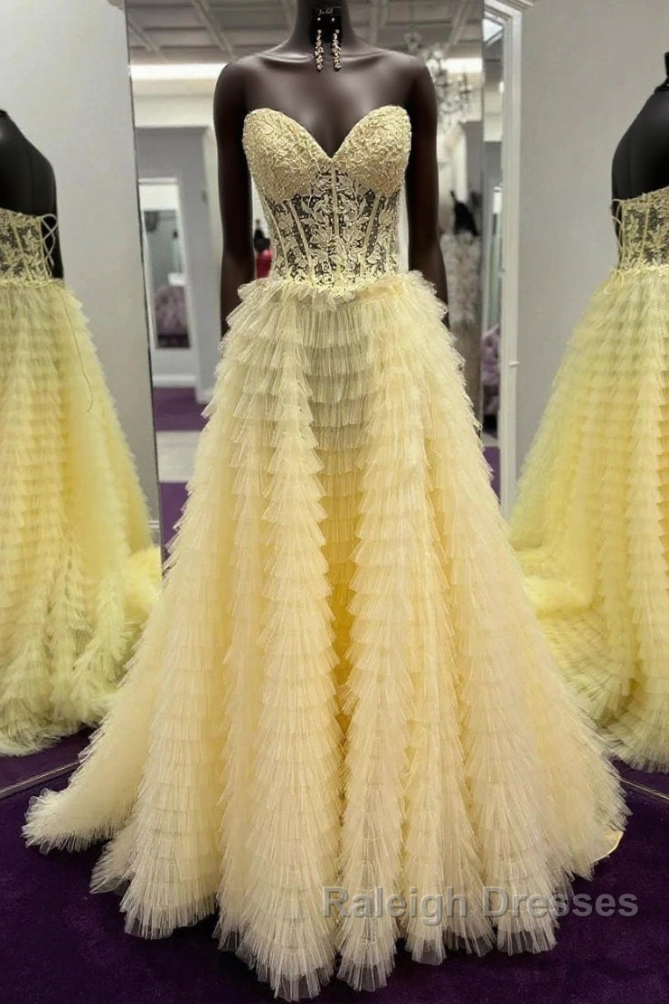 Yellow A-Line Strapless Multi-Layers Sweetheart Tulle Beaded Long Prom Dress With Slit Main image