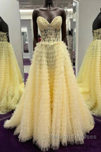 Yellow A-Line Strapless Multi-Layers Sweetheart Tulle Beaded Long Prom Dress With Slit