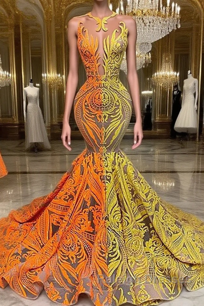 Yellow and Orange Mermaid Prom Dress Lace Long On Sale Main image