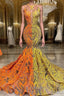 Yellow and Orange Mermaid Prom Dress Lace Long On Sale