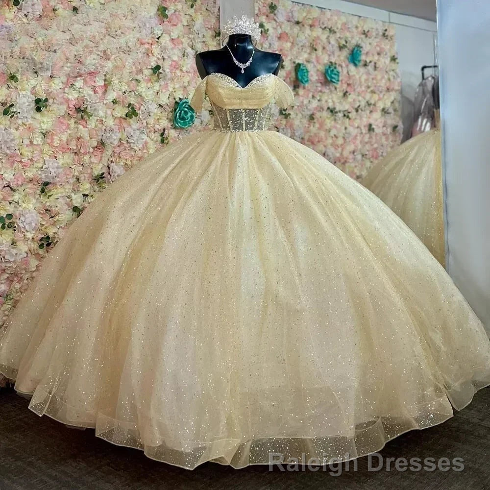 Yellow Ball Gown Tulle Off-the-Shoulder Quincenara Dresses Main image