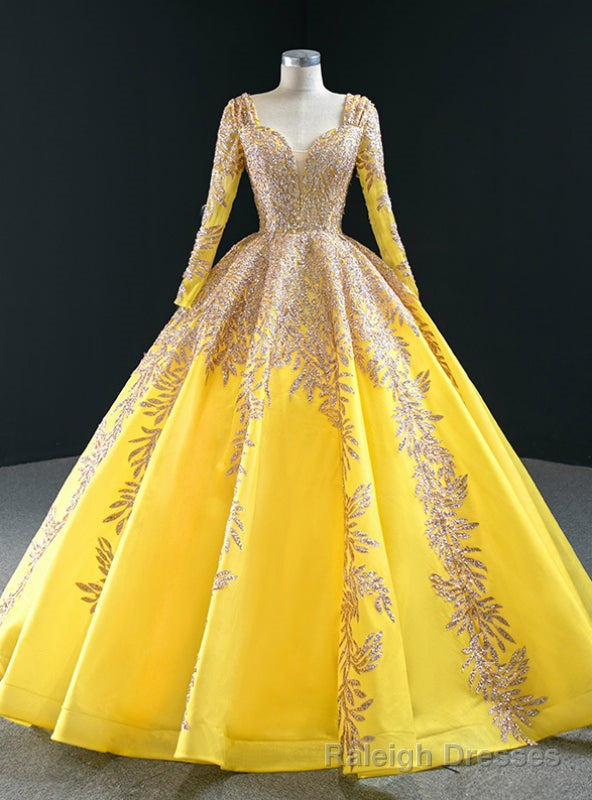 Yellow Ball Gown Tulle Sequins Long Sleeve Prom Dress Main image