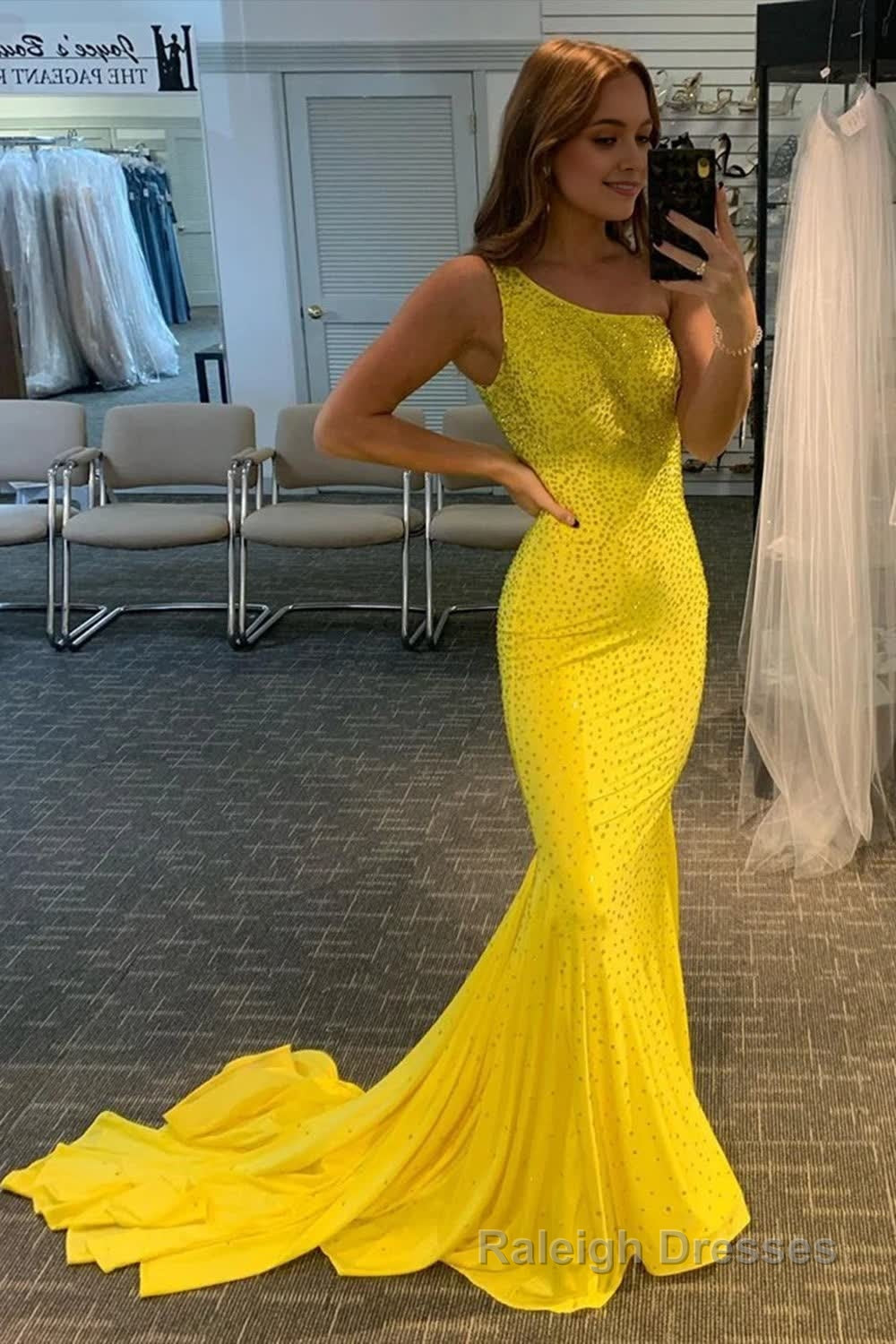 Yellow Beaded Mermaid Prom Dress Main image