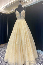 Yellow Beaded Plunge Neck A-Line Prom Gown