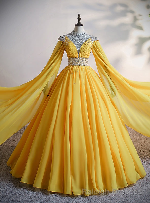 Yellow Chiffon Cap Sleeve Pleats Beading Crystal Quinceanera Dress Main image