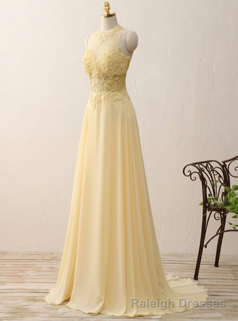 Yellow Chiffon Lace Appliques A Line Long Evening Dresses Zipper-Up Main image