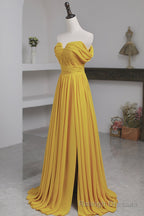 Yellow Chiffon Long A Line Prom Dress, Simple Yellow Prom Dress with Slit