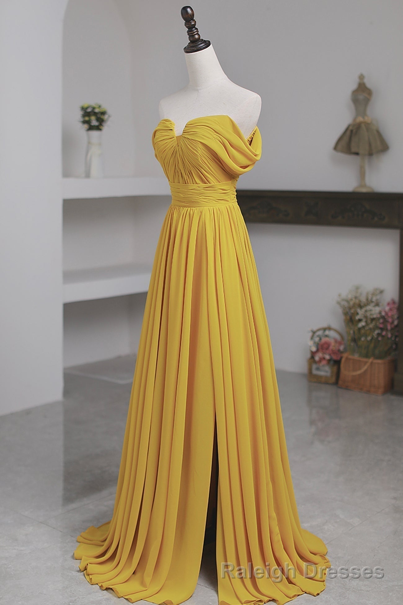 Yellow Chiffon Long A Line Prom Dress, Simple Yellow Prom Dress with Slit