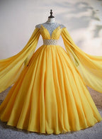 Yellow Chiffon Long Beaded Ball Gown Formal Dress, Yellow Formal Dress, Prom Dress
