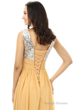 Yellow Chiffon Silver Sequins V-neck Backless Bridesmaid Dresses