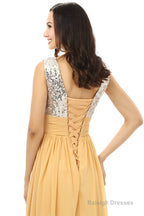 Yellow Chiffon Silver Sequins V-neck Backless Bridesmaid Dresses