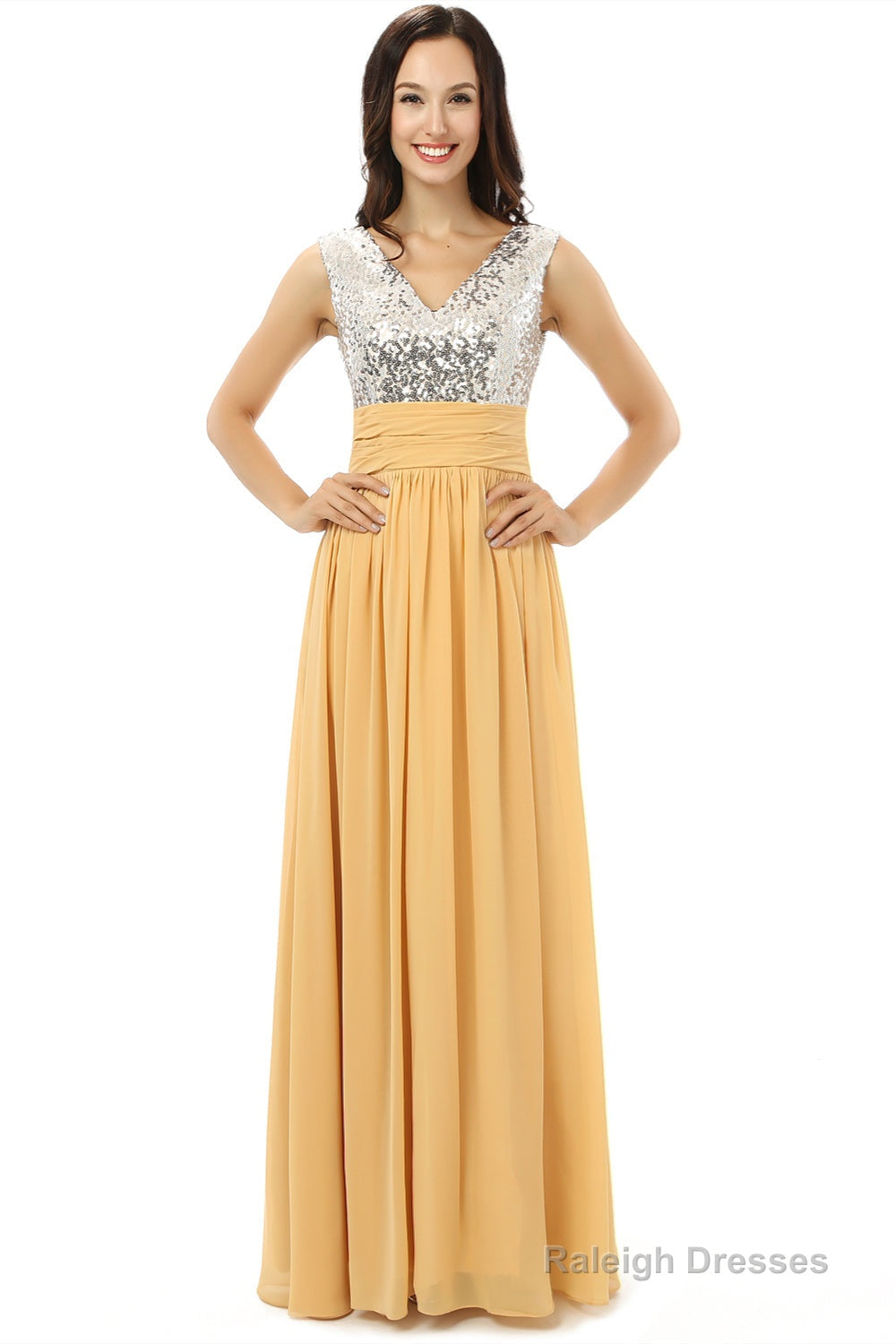 Yellow Chiffon Silver Sequins V-neck Backless Bridesmaid Dresses Main image