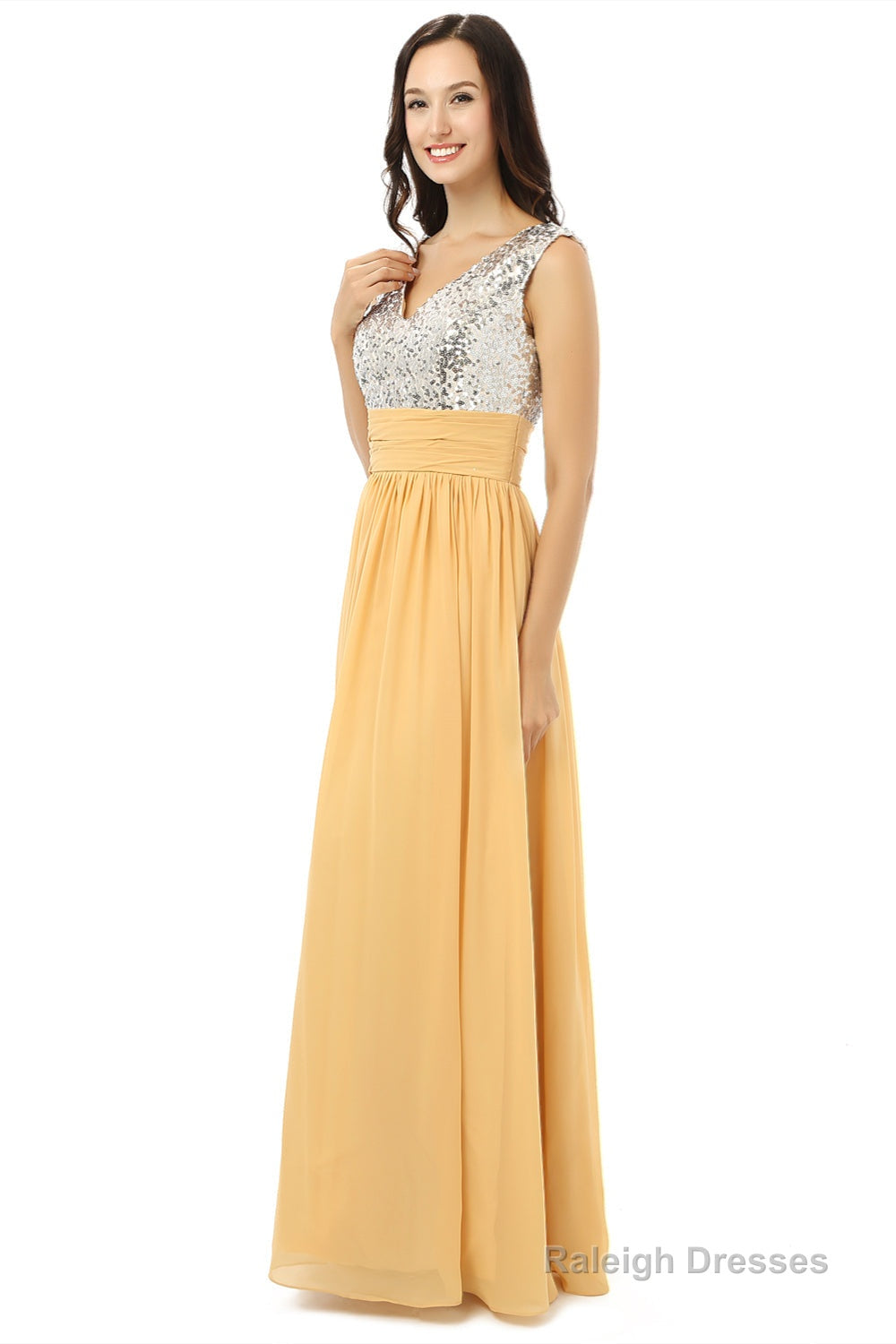 Yellow Chiffon Silver Sequins V-neck Backless Bridesmaid Dresses