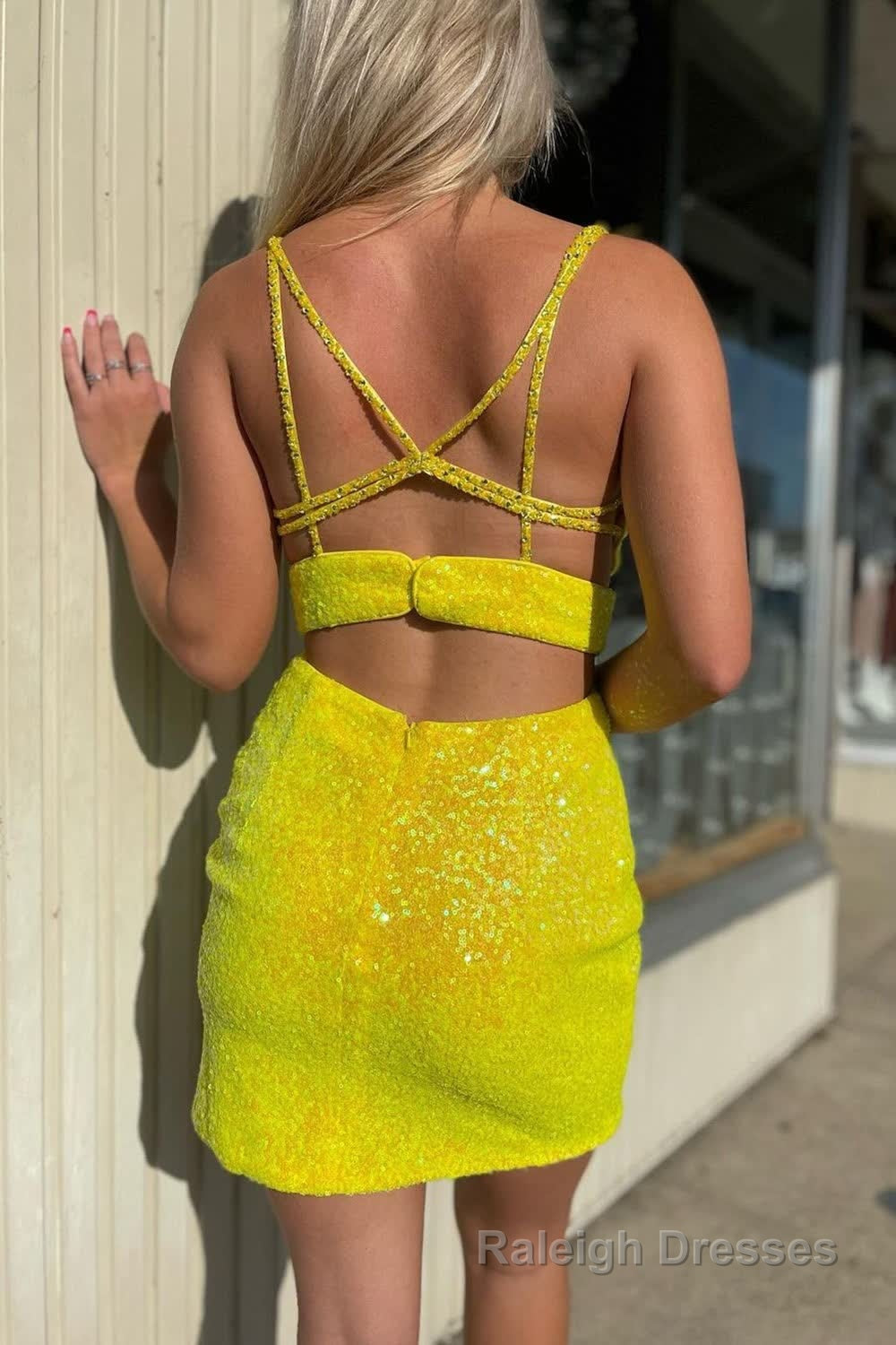Yellow Deep V Neck Sequins Tight Homecoming Dress