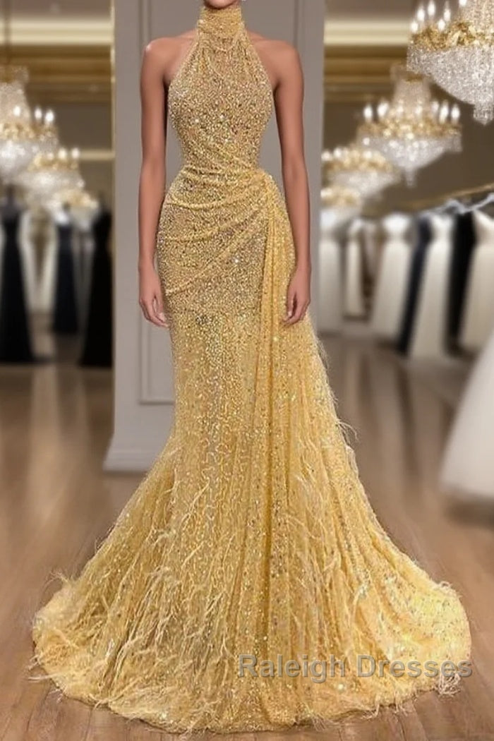 Yellow Evening Dresses Long High Neck Sparkly Feather Luxury Bling Evening Gown Formal Prom Dress