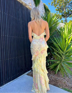 Yellow Fashion Elegant Layered Tulle Long Ball Gown Backless Mermaid Slim Fit Evening Gown Party Dress