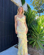 Yellow Fashion Elegant Layered Tulle Long Ball Gown Backless Mermaid Slim Fit Evening Gown Party Dress