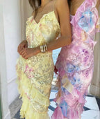 Yellow Fashion Elegant Layered Tulle Long Ball Gown Backless Mermaid Slim Fit Evening Gown Party Dress