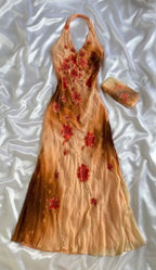 Orange Yellow Fashion Halter Floral Beading Long Elegant Chiffon Ball Gown Evening Dress