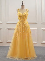 Yellow Flowers Tulle Long New Prom Dress, A Line Prom Dress