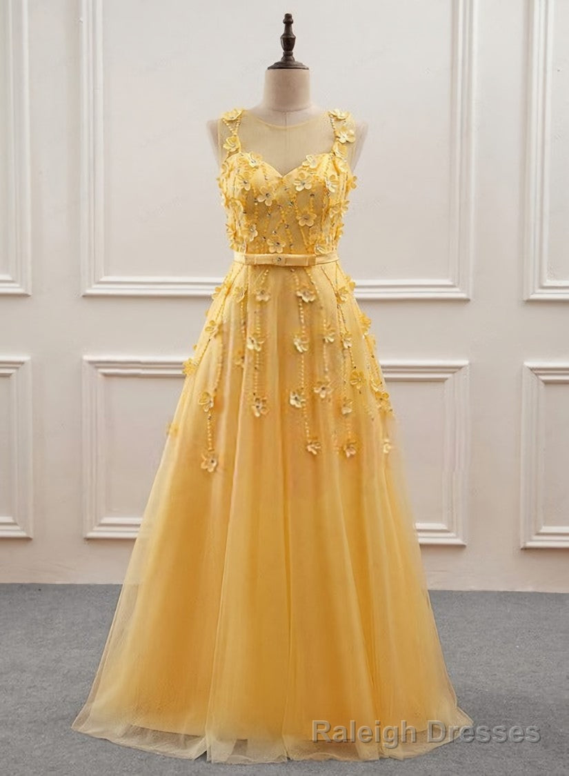 Yellow Flowers Tulle Long New Prom Dress, A Line Prom Dress