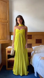 Yellow Green Fashion Simple Elegant Tube Top Off Shoulder Long Chiffon Ball Gown Party Dress Evening Dress With Scarf