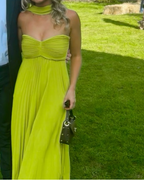 Yellow Green Fashion Simple Elegant Tube Top Off Shoulder Long Chiffon Ball Gown Party Dress Evening Dress With Scarf