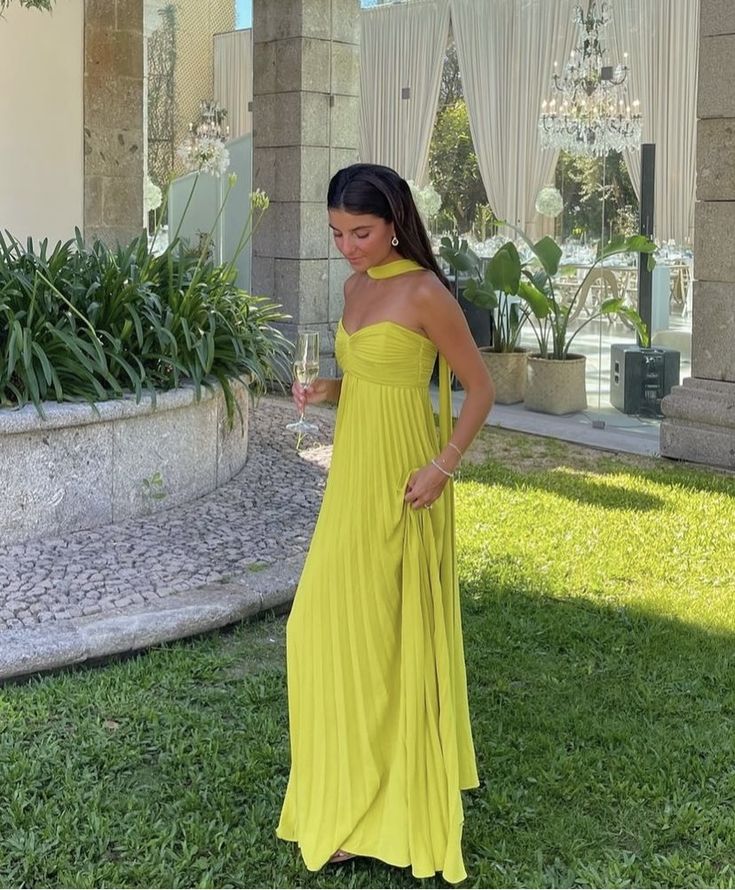 Yellow Green Fashion Simple Elegant Tube Top Off Shoulder Long Chiffon Ball Gown Party Dress Evening Dress With Scarf Main image