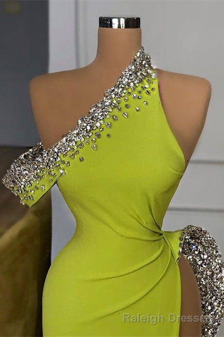 Yellow Green One Shoulder Mermaid Prom Dress Slit Long With Crystals Secondary image