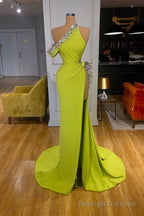 Yellow Green One Shoulder Mermaid Prom Dress Slit Long With Crystals