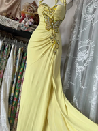 Yellow Halter Sweetheart Mermaid Vintage Long Prom Dresses Prom Dresses