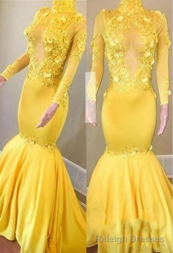 Yellow High Neck Flower Appliques Mermaid Long Sleevess Prom Dresses Secondary image