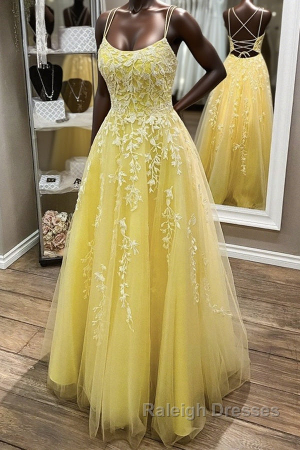 Yellow Lace Backless A Line Prom Dresses Long Open Back Prom Dresses Yellow Prom Dresses