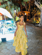 Yellow Layered Satin Long A-Line Prom Dresses
