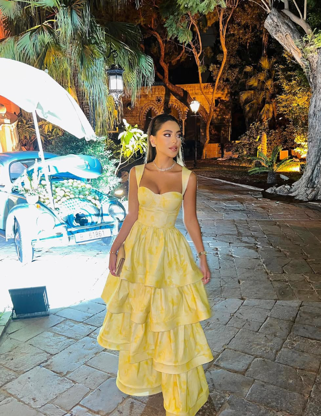 Yellow Layered Satin Long A-Line Prom Dresses