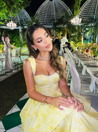 Yellow Layered Satin Long A-Line Prom Dresses