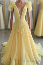 Yellow Long A Line V Neck Lace Tulle Backless Prom Graduation Prom Dress