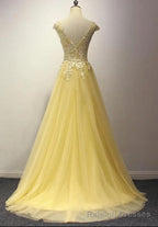 Yellow Long Prom Dress, A Line Round Neckline Formal Dress