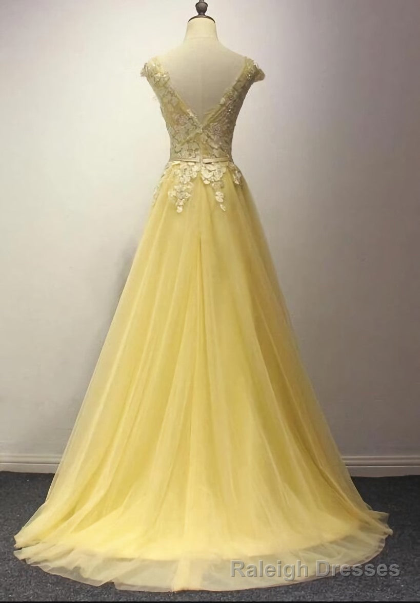 Yellow Long Prom Dress, A Line Round Neckline Formal Dress