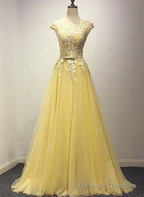 Yellow Long Prom Dress, A Line Round Neckline Formal Dress