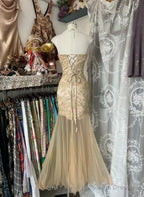 Yellow Mermaid Strapless Sweetheart Tulle Beaded Applique Long Prom Dresses