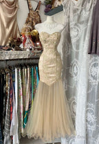 Yellow Mermaid Strapless Sweetheart Tulle Beaded Applique Long Prom Dresses