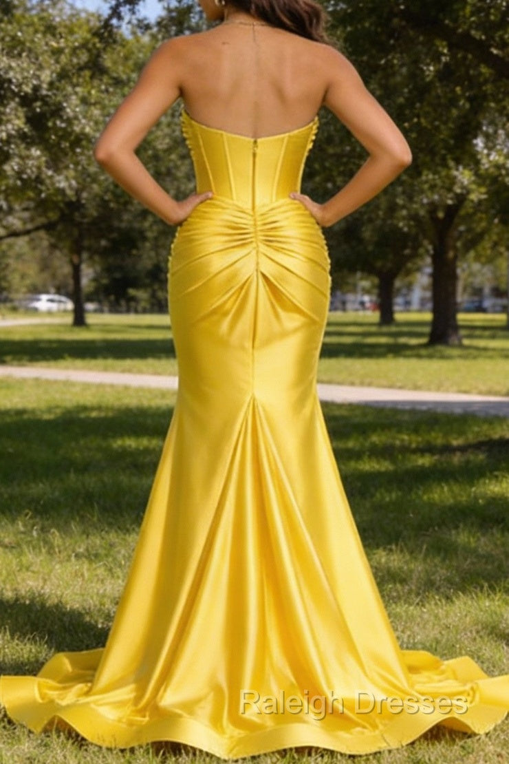 Yellow Mermaid Sweetheart Corset Prom Dresses Long with Slit