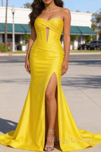 Yellow Mermaid Sweetheart Corset Prom Dresses Long with Slit