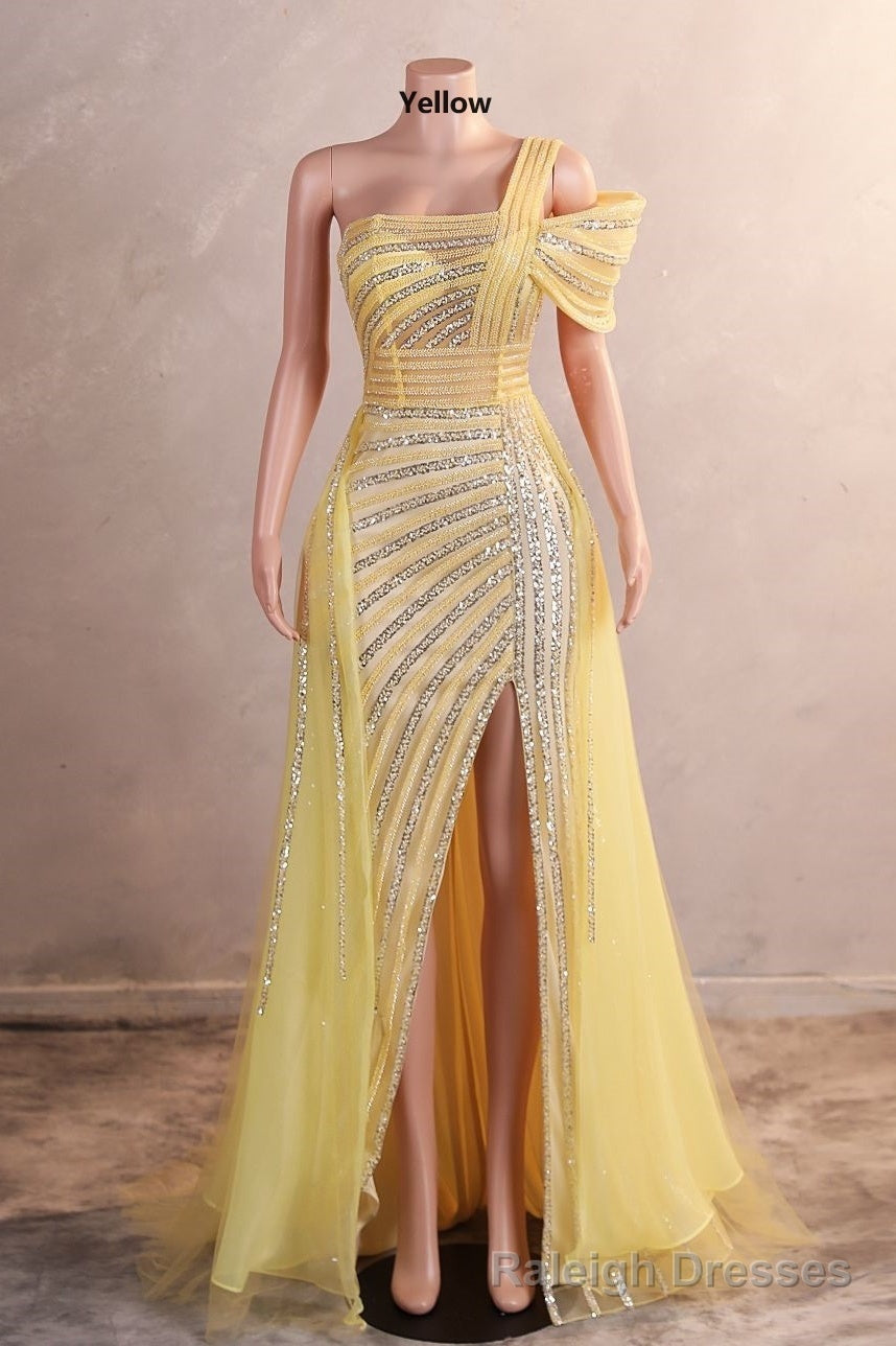 Yellow Off Shoulder Mermaid Prom Dresses Luxurious Silver Bead Trumpet Formal Dresses Main image
